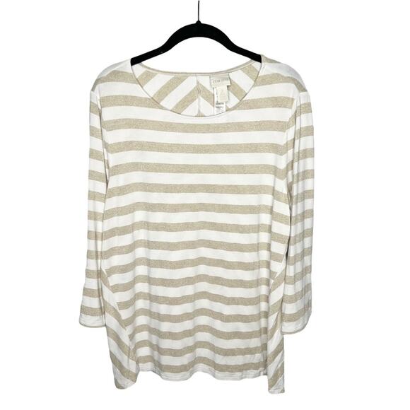 CHICO’S / white gold sparkle striped tunic top / 2 (large) - Picture 1 of 8